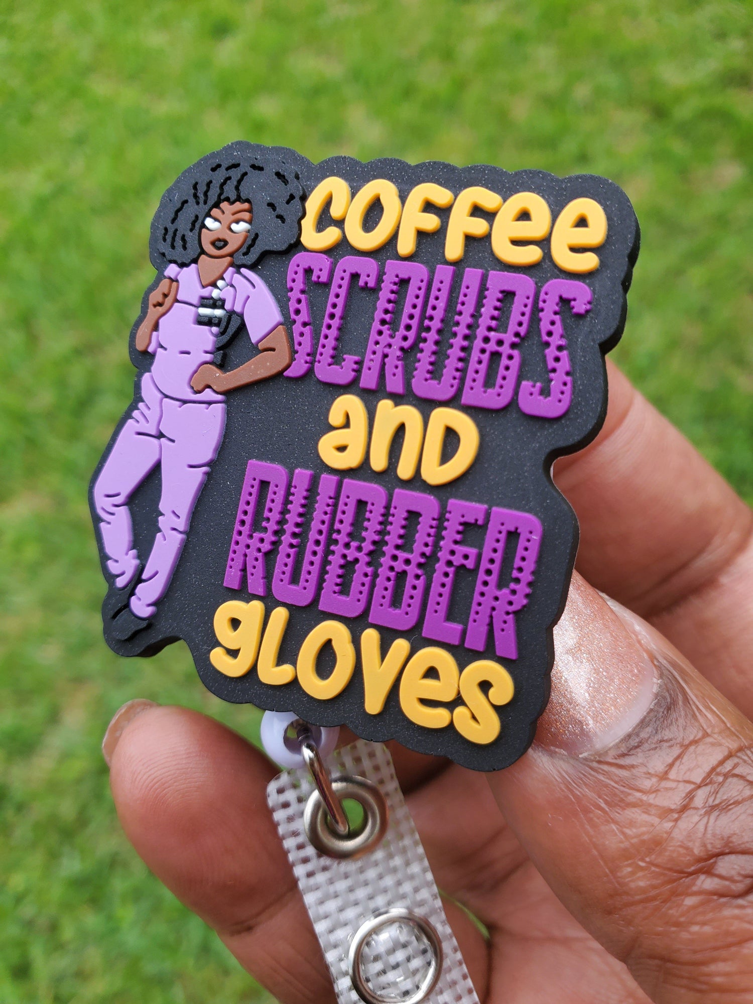 Coffee Scrubs & Rubber Gloves Gold/Purple Retractable Badge Reel